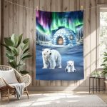 Ours polaire et igloo sous les aurores
