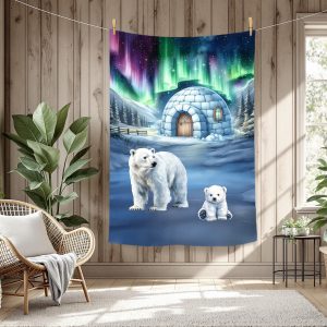 Ours polaire et igloo sous les aurores