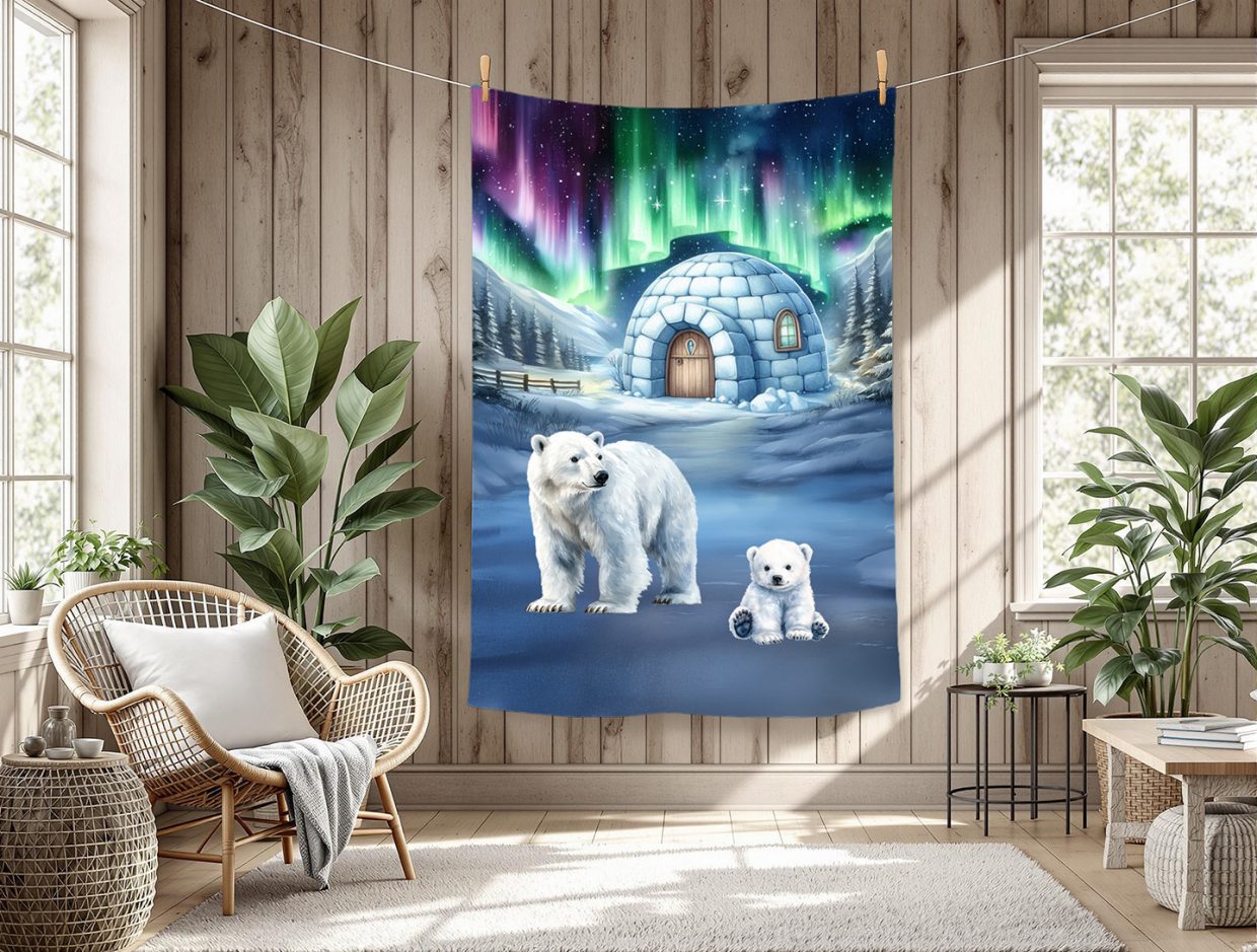 Ours polaire et igloo sous les aurores