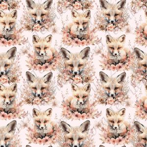 Renard et fleur rose fond rose