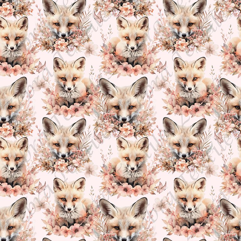 Renard et fleur rose fond rose