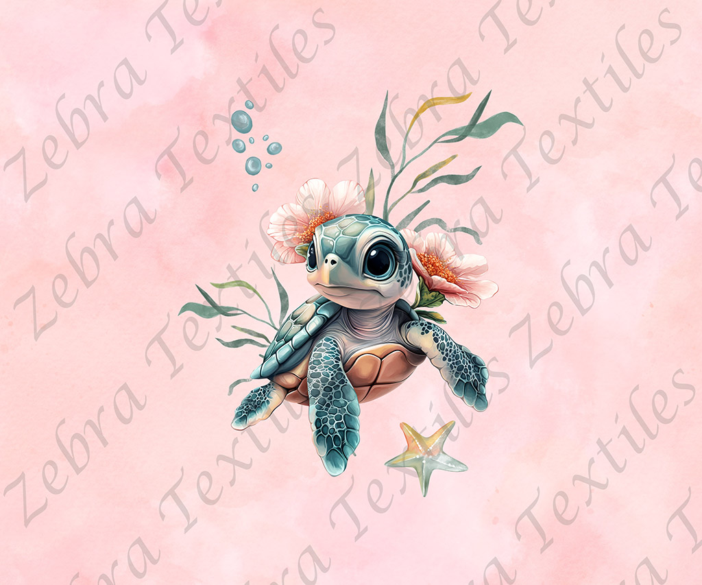 Tortue et algue fond rose