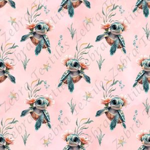 Tortue floral et algue fond rose