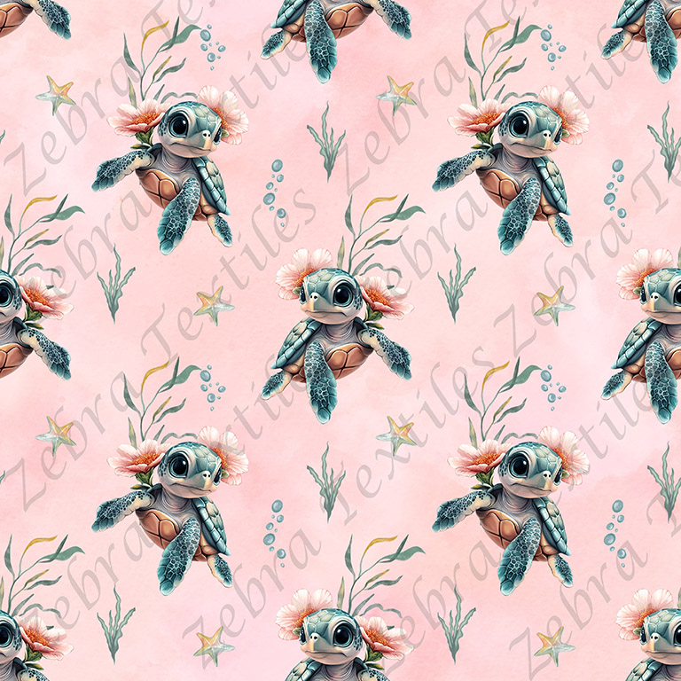 Tortue floral et algue fond rose