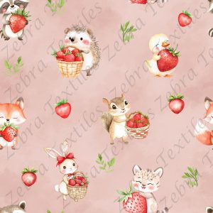 Animaux et fraise fond rosé
