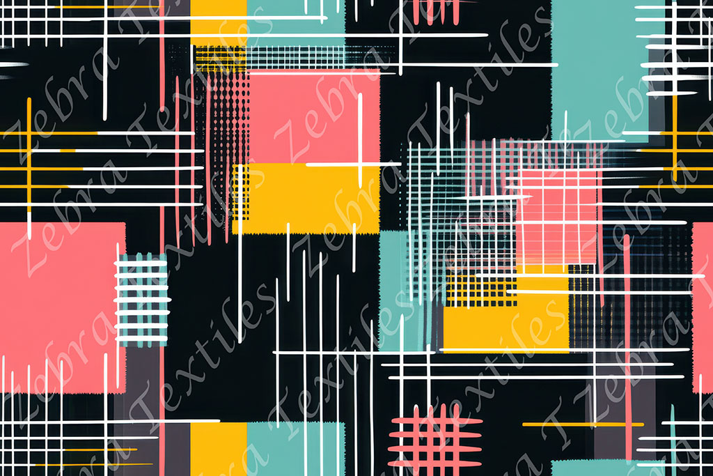 A vibrant abstract design featuring bold geometric shapes and lines. Carré abstrait rose aqua