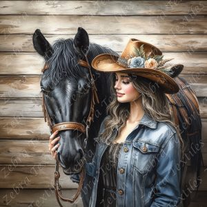 Cheval noir et cowgirl 2 fond planche
