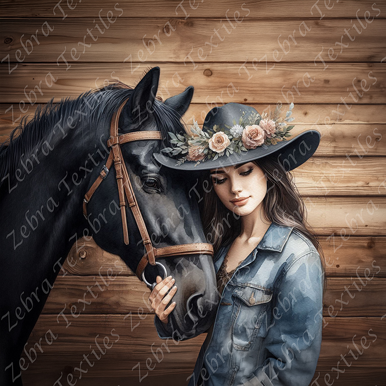 Cheval noir et cowgirl 1 fond planche