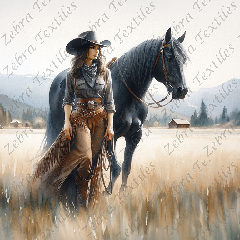 Cowgirl et cheval noir au champs