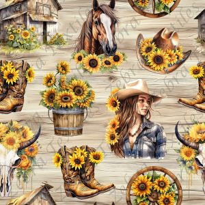 Cowgirl tournesol fond bois