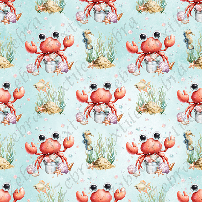 Crabe et coquillage fond aqua