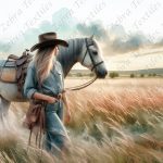 Femme et cheval blanc dans le pré
