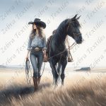 Femme et cheval noir dans le pré