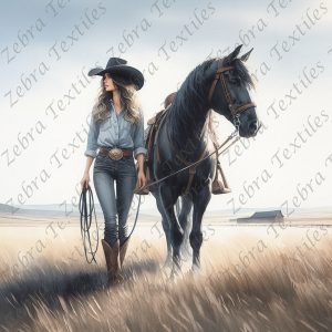 Femme et cheval noir dans le pré