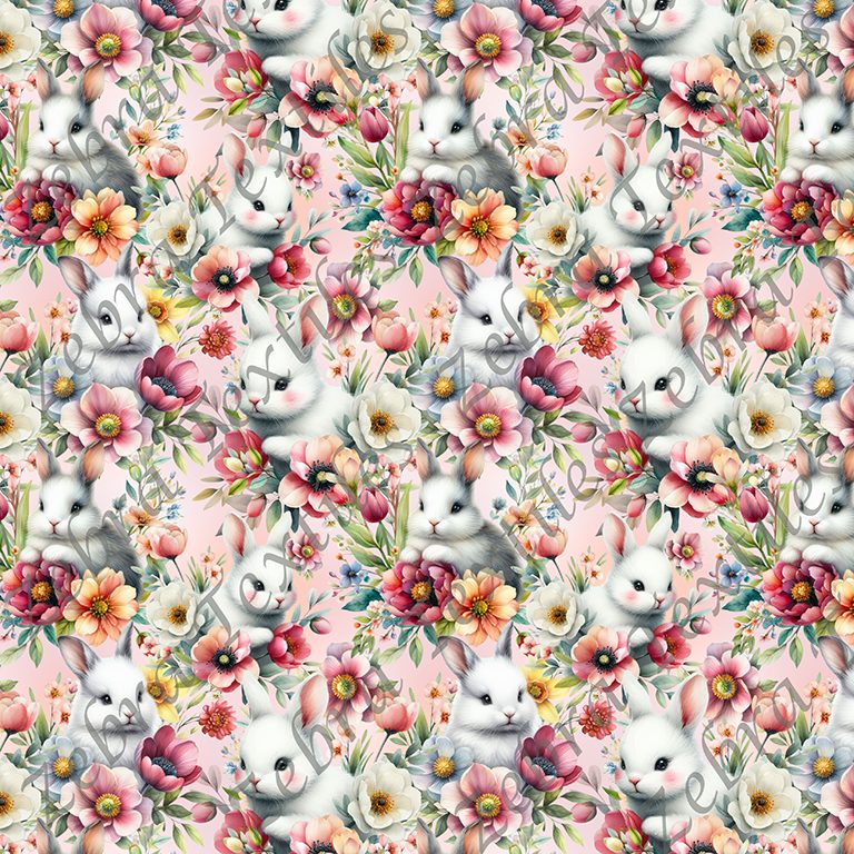Lapin et tulipe fond rose