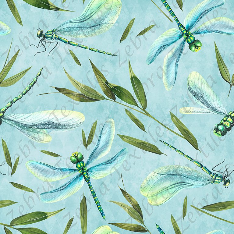 Libellule et feuille verte fond aqua