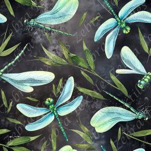 Libellule et feuille verte fond noir
