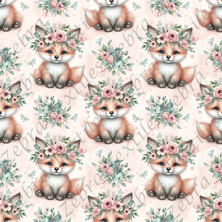 Renard mignon assit floral fond rose