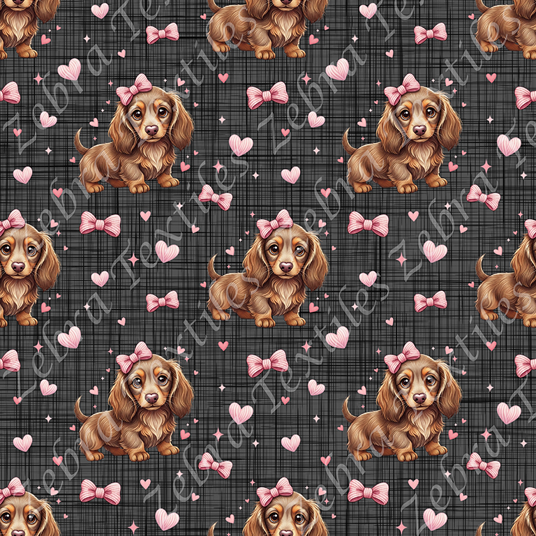 Teckel boucle et coeur fond lin