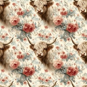 Vache highland floral rose et feuillage