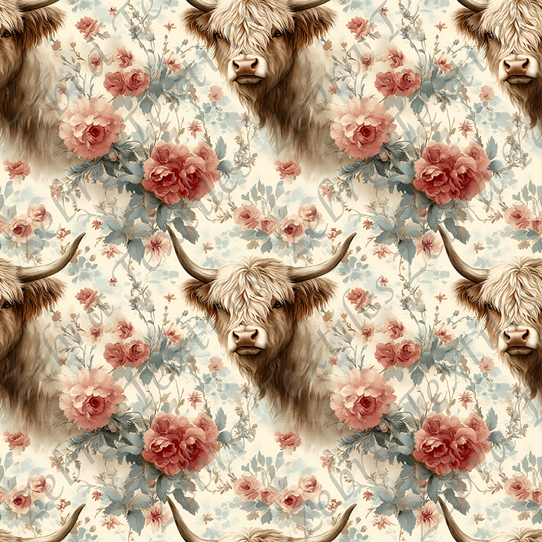 Vache highland floral rose et feuillage
