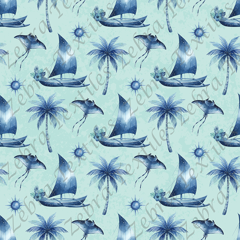 Voilier bleu et raie fond aqua