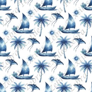 Voilier bleu et raie fond blanc