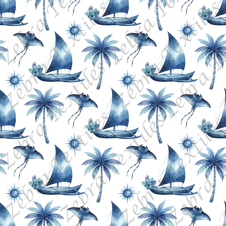Voilier bleu et raie fond blanc