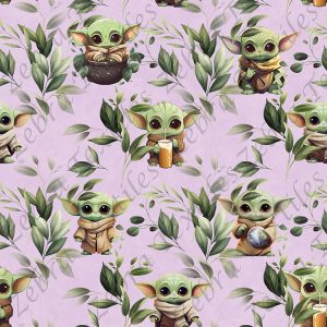 Extraterrestre vert et feuillage fond mauve