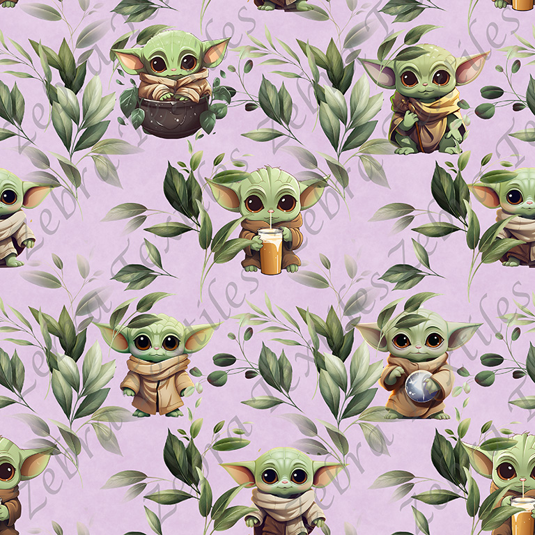 Extraterrestre vert et feuillage fond mauve