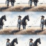 Femme et cheval noir dans le pré