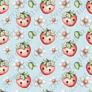 Fraise kawaii et marguerite fond bleu