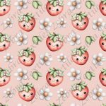 Fraise kawaii et marguerite fond rose