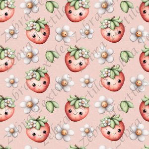 Fraise kawaii et marguerite fond rose