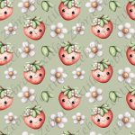 Fraise kawaii et marguerite fond vert