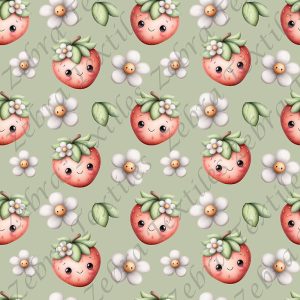 Fraise kawaii et marguerite fond vert