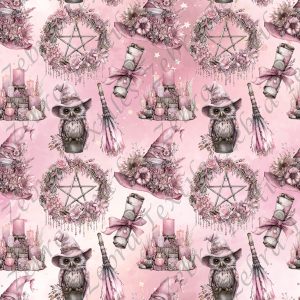 Hibou chapeau de sorcière fond rose