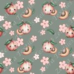Pêche floral kawaii fond vert