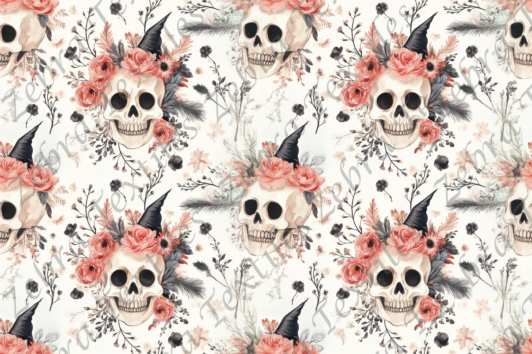 Seamless pattern with skulls, flowers, and witch hats in a vintage, gothic style. Dominant colors are black, white, and pink. Skull chapeau floral