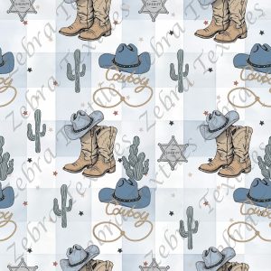 Western et chapeau bleu fond plaid