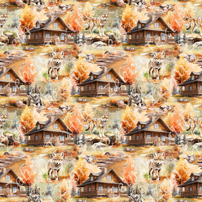 Chalet et loup en automne chalet