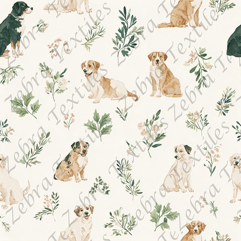 Chien aquarelle et feuillage fond taupe