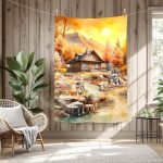 Loup et chalet en automne