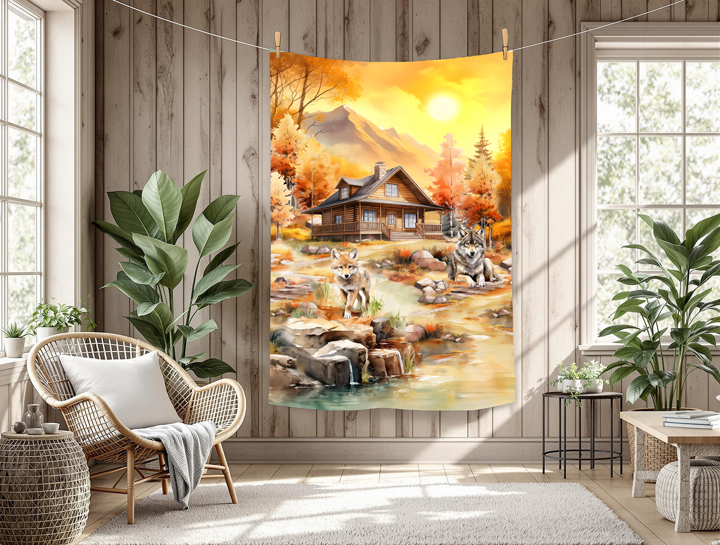 Loup et chalet en automne