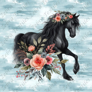 Cheval noir floral aquarelle fond bleu