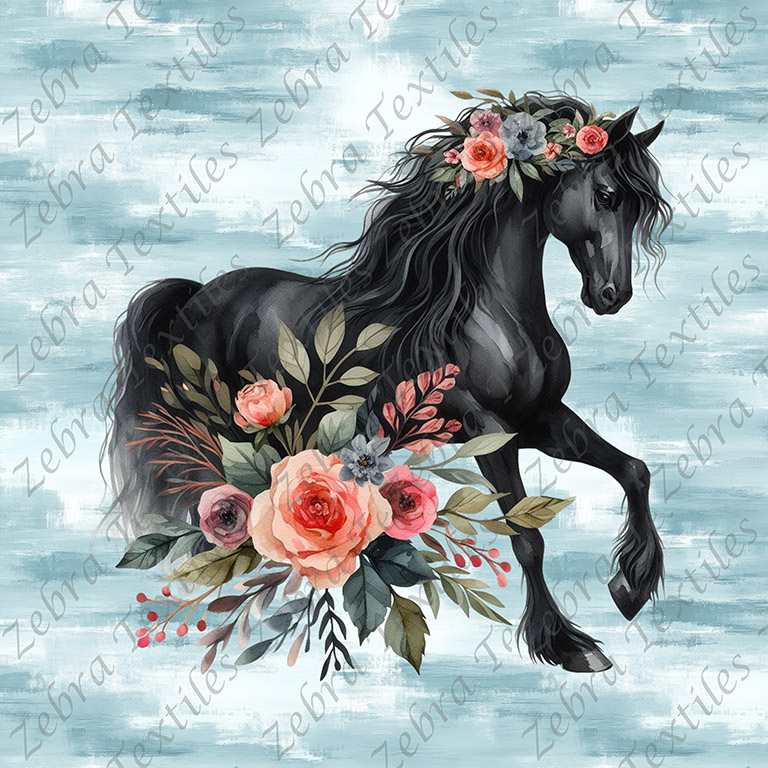 Cheval noir floral aquarelle fond bleu