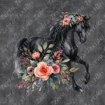 Cheval noir floral aquarelle fond écriture