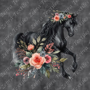 Cheval noir floral aquarelle fond écriture