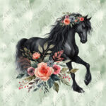 Cheval noir floral aquarelle fond vert