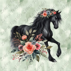 Cheval noir floral aquarelle fond vert